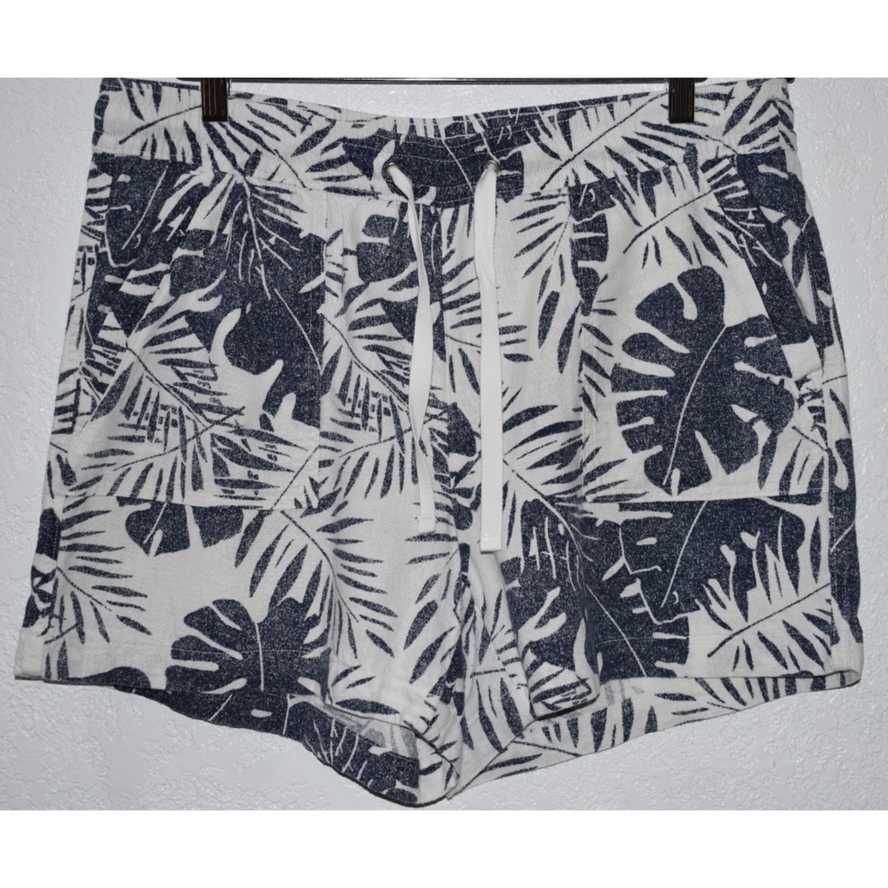 Nautica Womens LARGE Linen Blend Shorts Pull-On Tropical Hawiian Pockets Blue